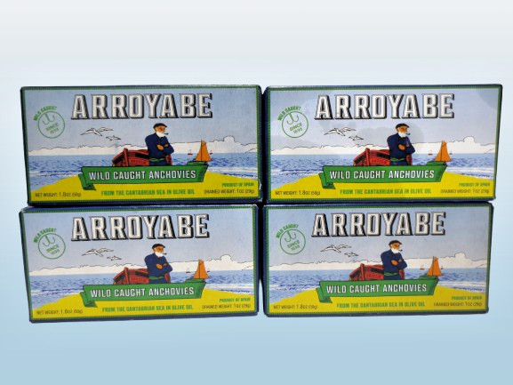 ARROYABE WILD CAUGHT ANCHOVIES FILLETS IN OLIVE OIL 1.8 OZ BOXED EXP: 2027 4PCS