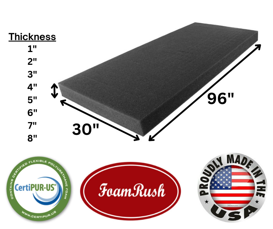 FoamRush 30" x 96" Charcoal High Density Upholstery Foam Cushion Medium Firm USA