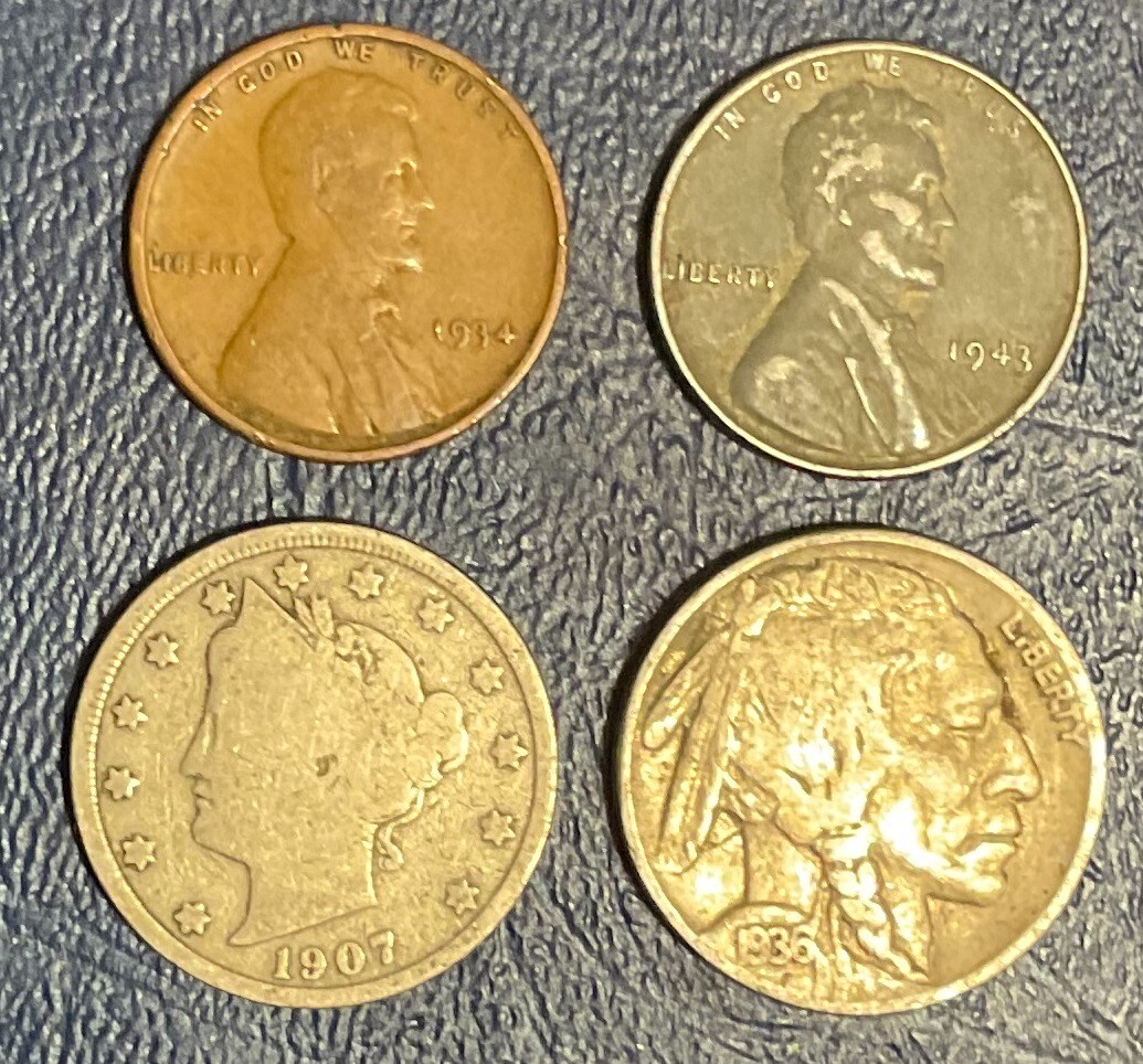 Buffalo & V Nickels, Wheat & Steel Cents Superb Lot Old Set of 4 Collector Coins