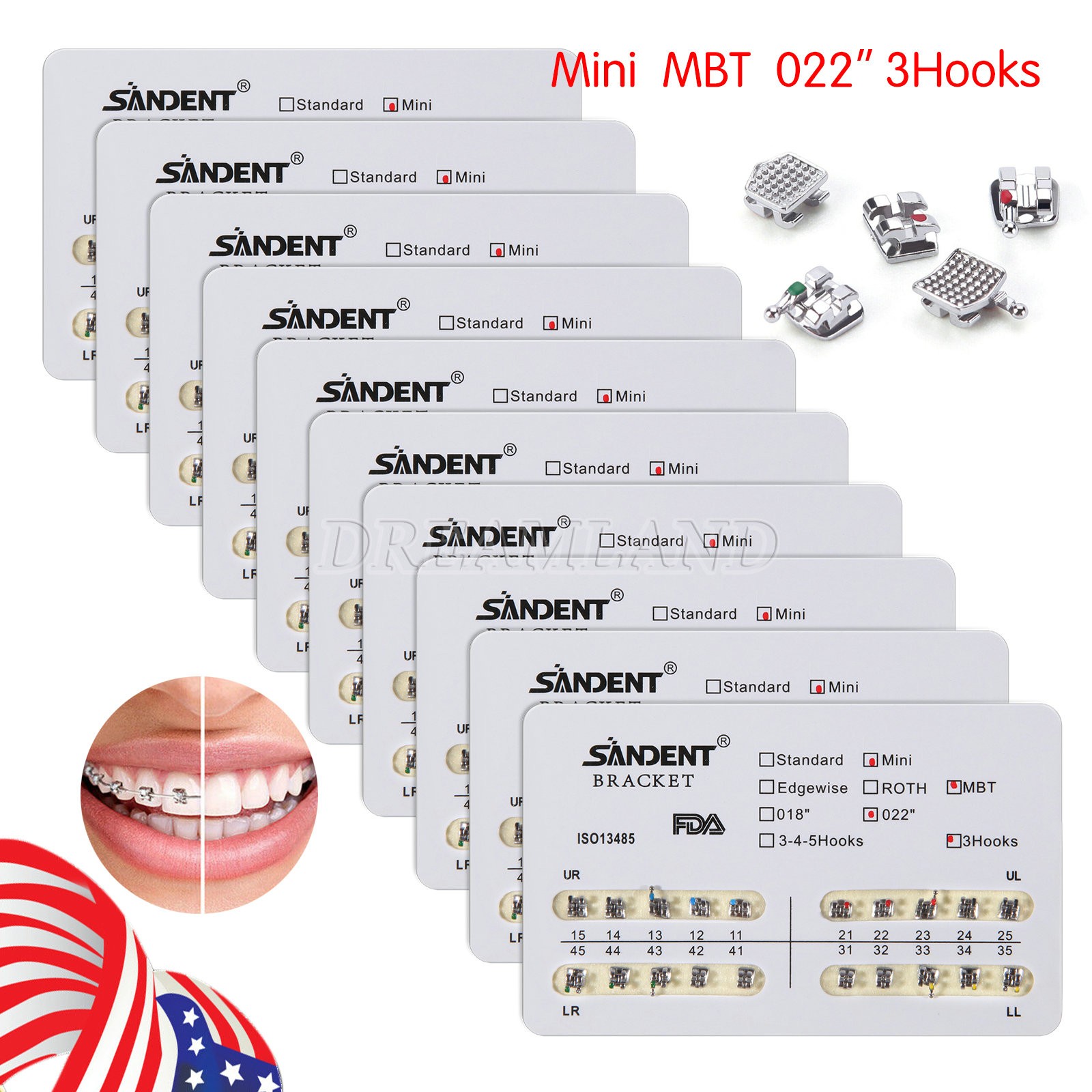 10kits SANDENT Dental Brackets Braces Orthodontic Mini MBT0.022" Hooks 3-