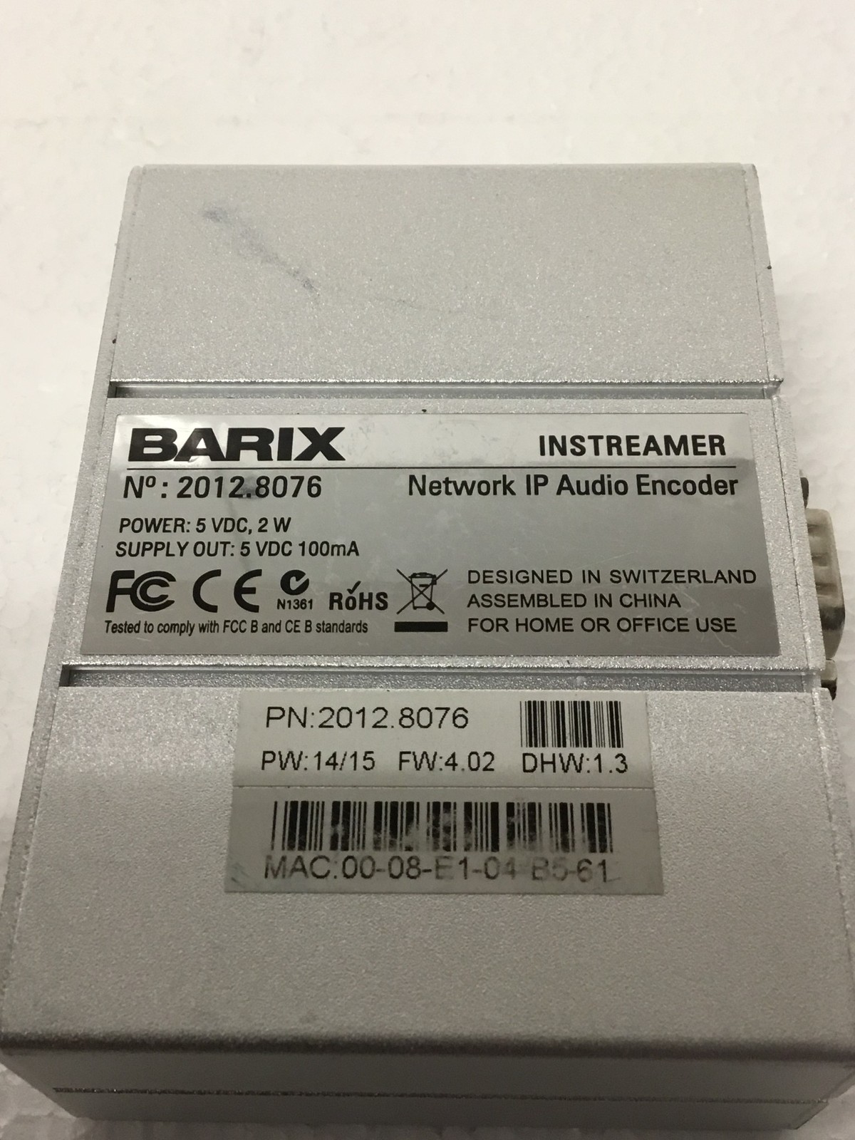 Barix Instreamer 2012.8076 IP Audio Encoder No AC Adapter, WORKING FREE SHIPPING