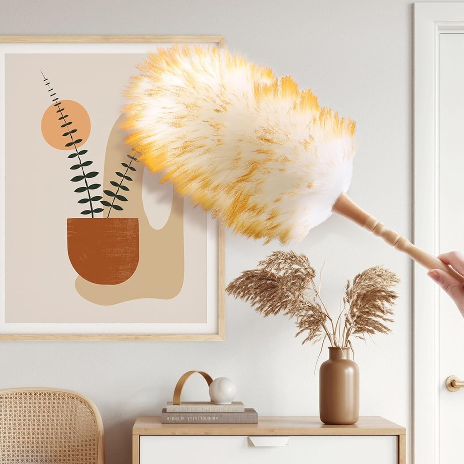 Lambswool Duster W/ Solid Wooden Handle,Leather Hang Strap,Comfortable Grips