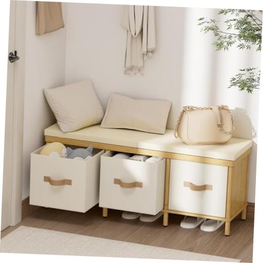 Storage Bench, 43.3" Bamboo Storage Chest with 3 Drawers, Entryway Natural