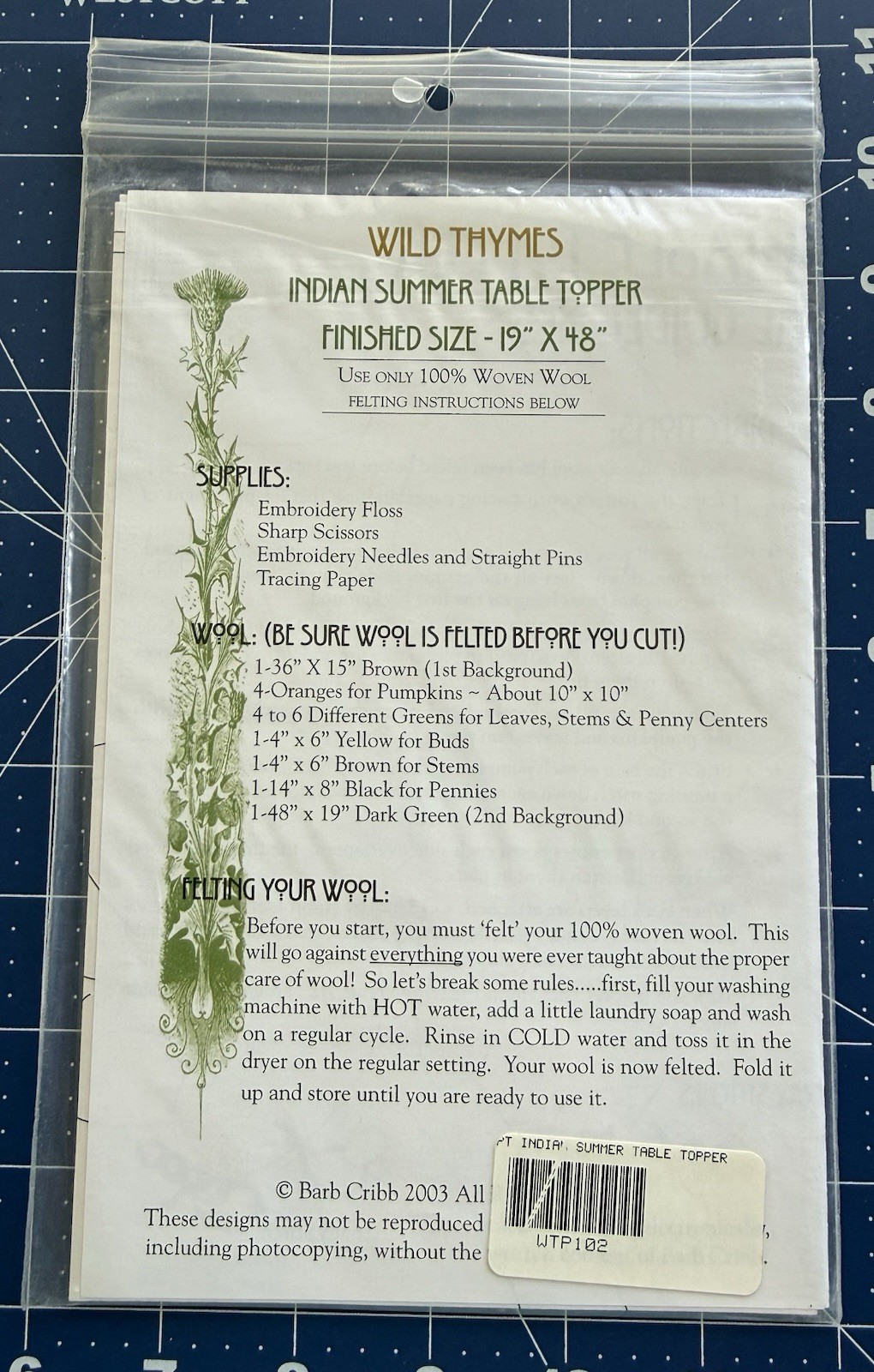 Wild Thymes Pattern Co. Wool Appliqué 19”x48” Indian Summer Table Topper UC
