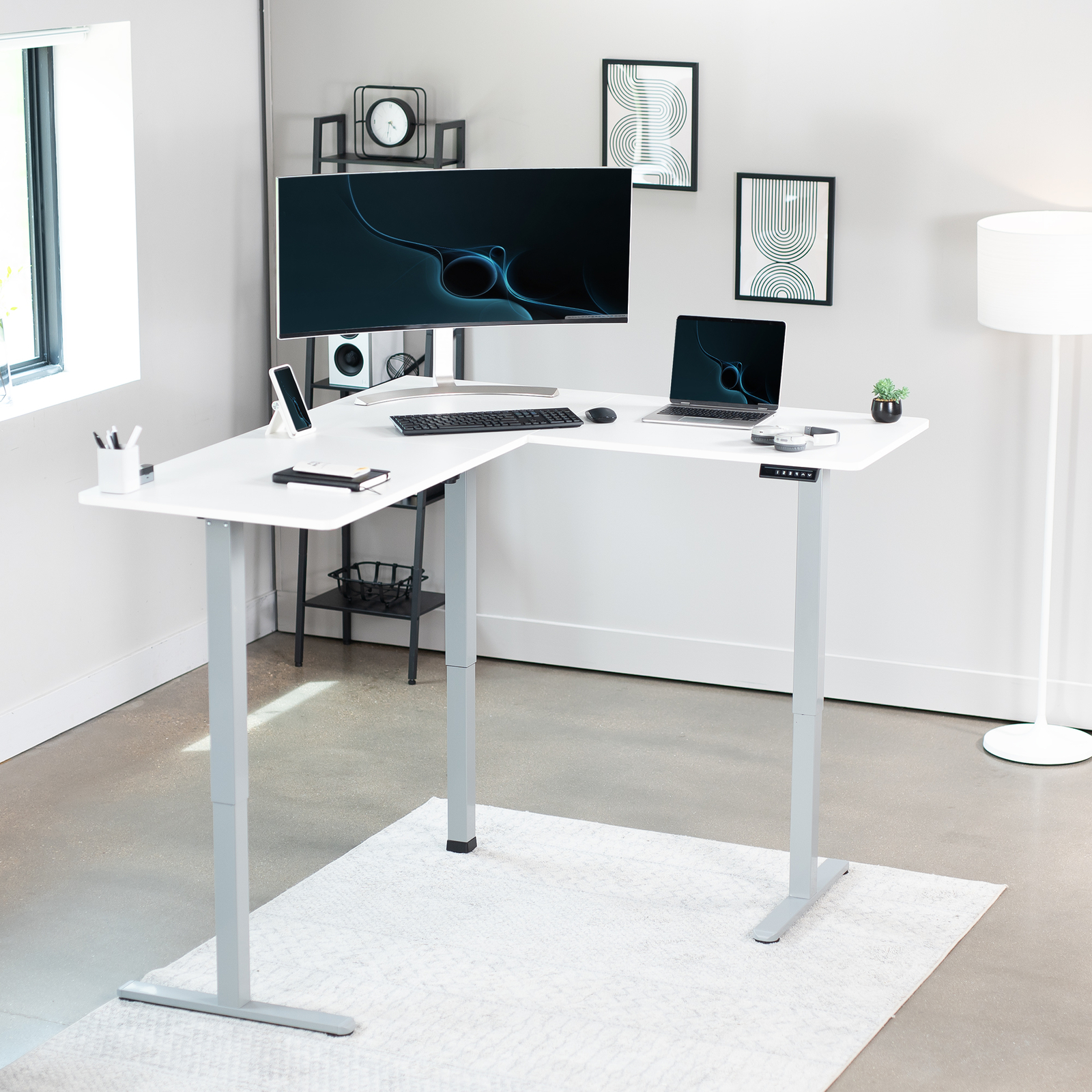 VIVO White / Gray Electric 63" x 55" Corner Desk, L-Shaped Workstation