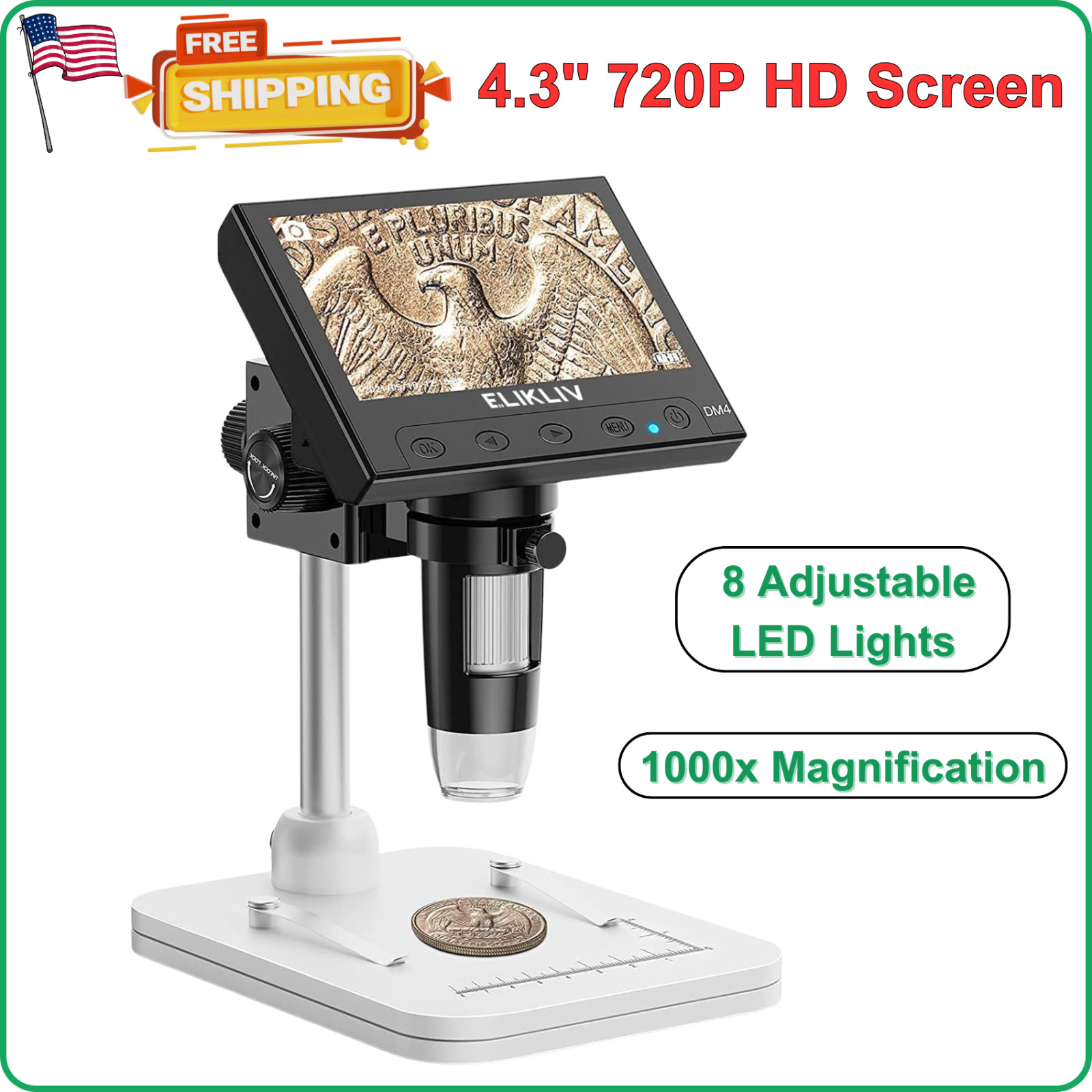 Elikliv Coin Microscope 1000X 4.3'' LCD Digital Microscope With Adjustable Light