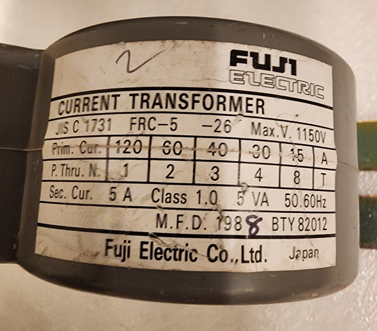 FUJI ELECTRIC JIS C 1731 FRC-5-26 CURRENT TRANSFORMER 5AMP CLASS 1 5VA 50.60Hz