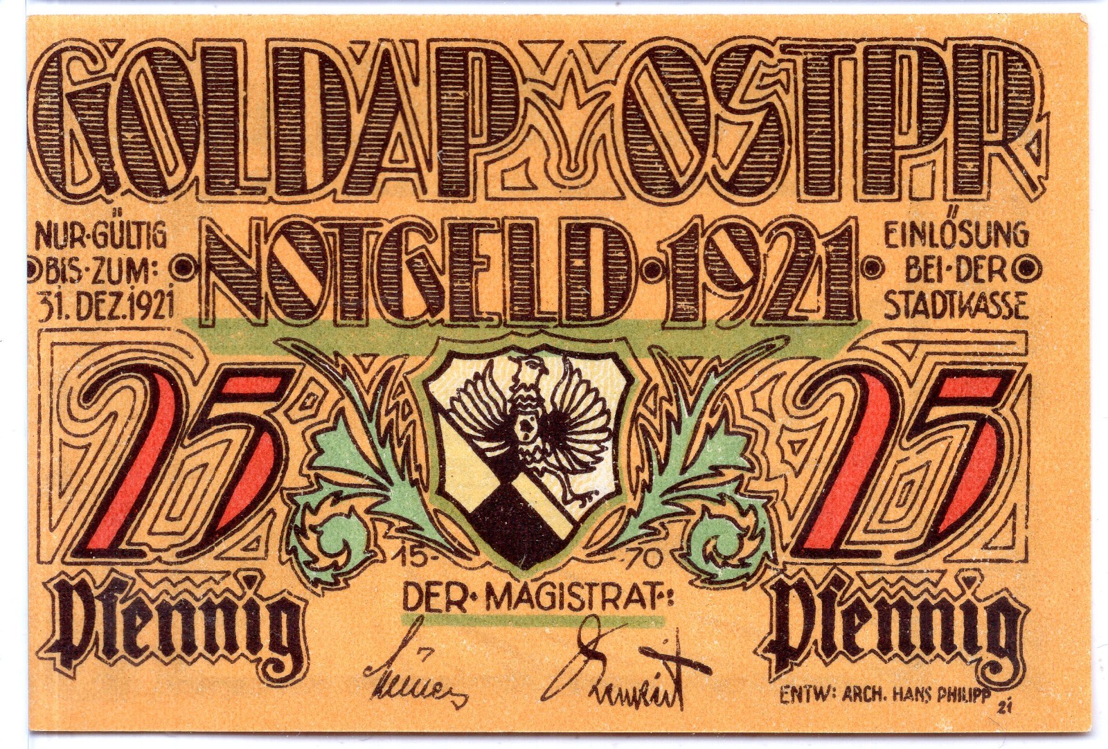 1921 Germany Goldap Notgeld 25 Pfennig Note (NG197)