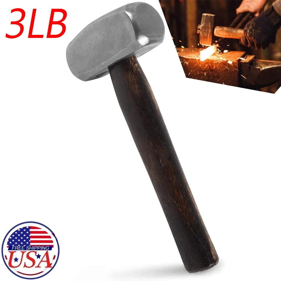 3lb Blacksmith Handmade Forge Hammer Flat Round Face w/ Wooden Handle Steel Head