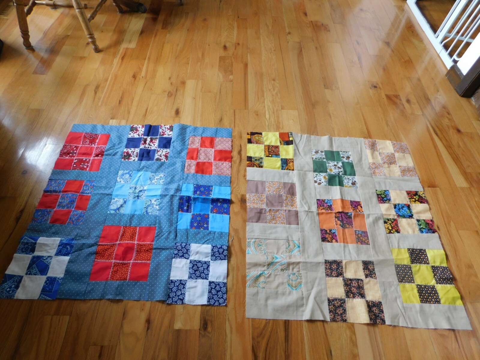 Calico Bandana Small Quilt Top Pair Nine Patch Handmade Hand Pieced