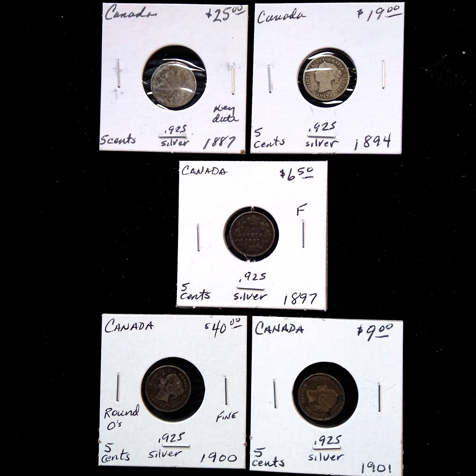 Lot of 5 Canada 5 Cent Silver Coins (1887-1901)