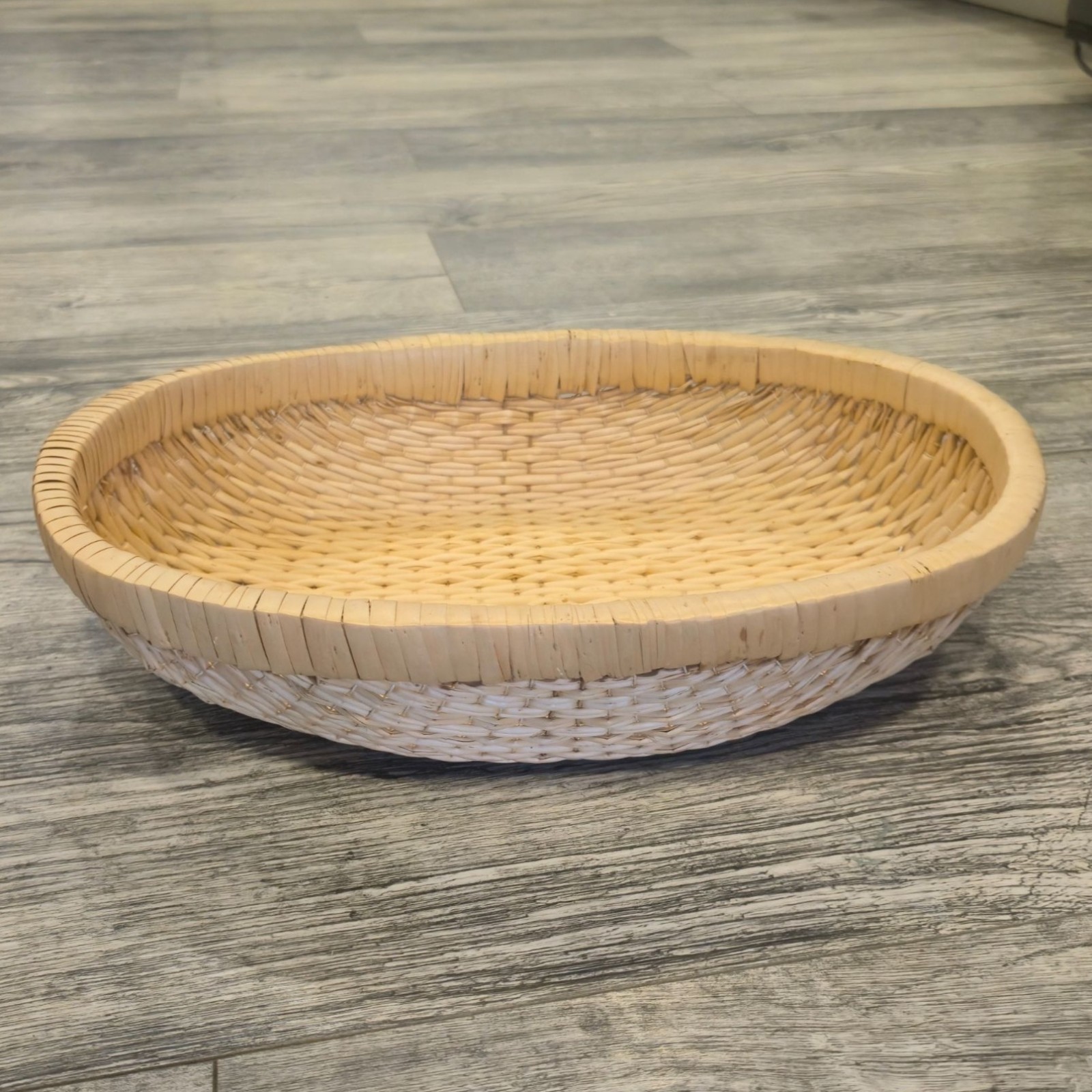 Vintage Woven Bread Basket Wood Rim Oval Farmhouse Primitive Table centerpiece