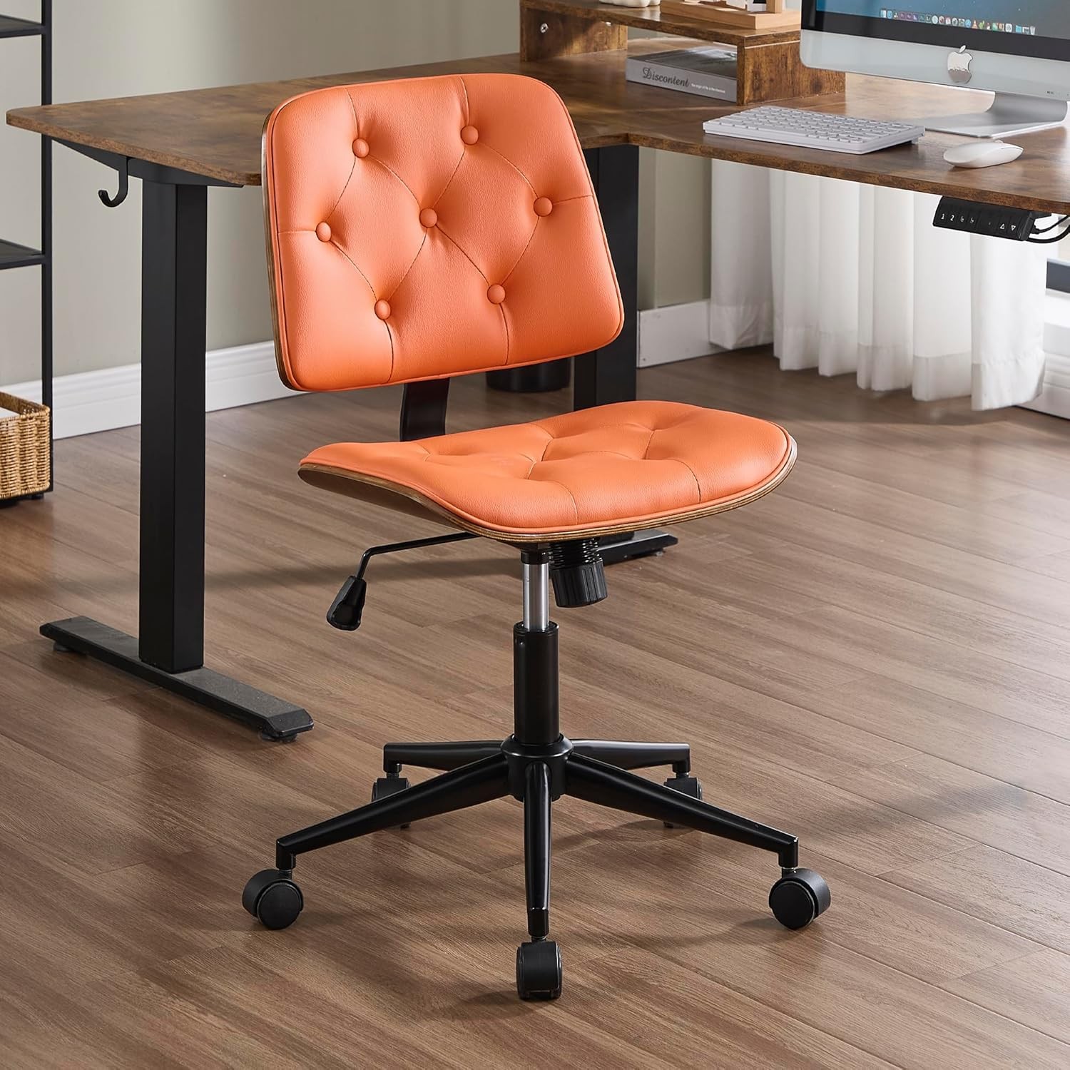 Small Home Office Chair Armless Mid Back Desk Chair W/ 360° Swivel & Wheels PU