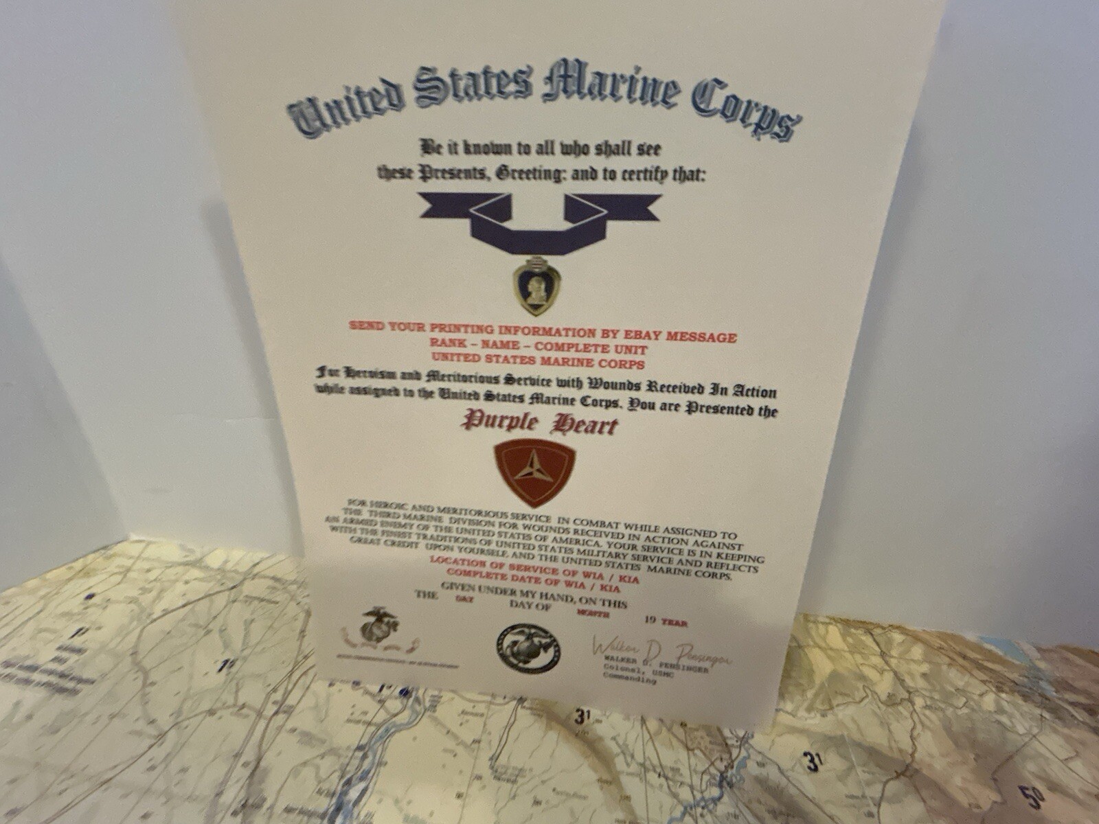 U.S.M.C. / P.H. MEDAL COMMEMORATIVE CERTIFICATE - 3RD MARINE DIVISION