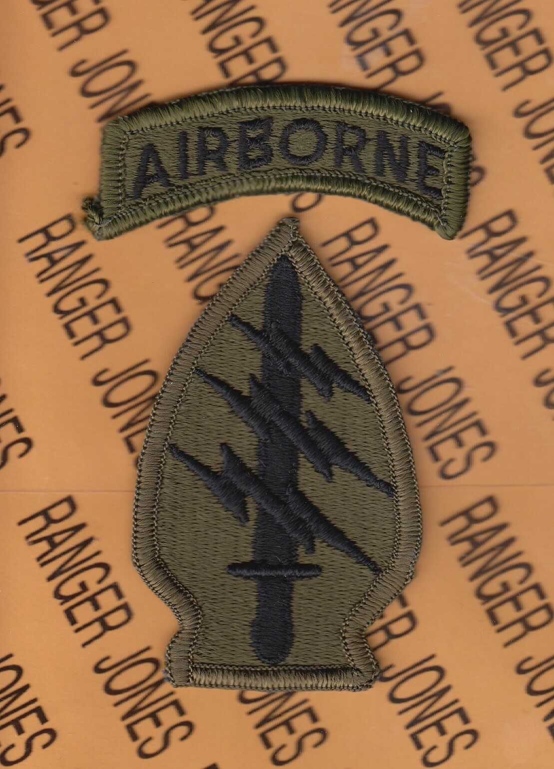 Special Forces Group Airborne SFGA OD Green & Black BDU patch tab set m/e