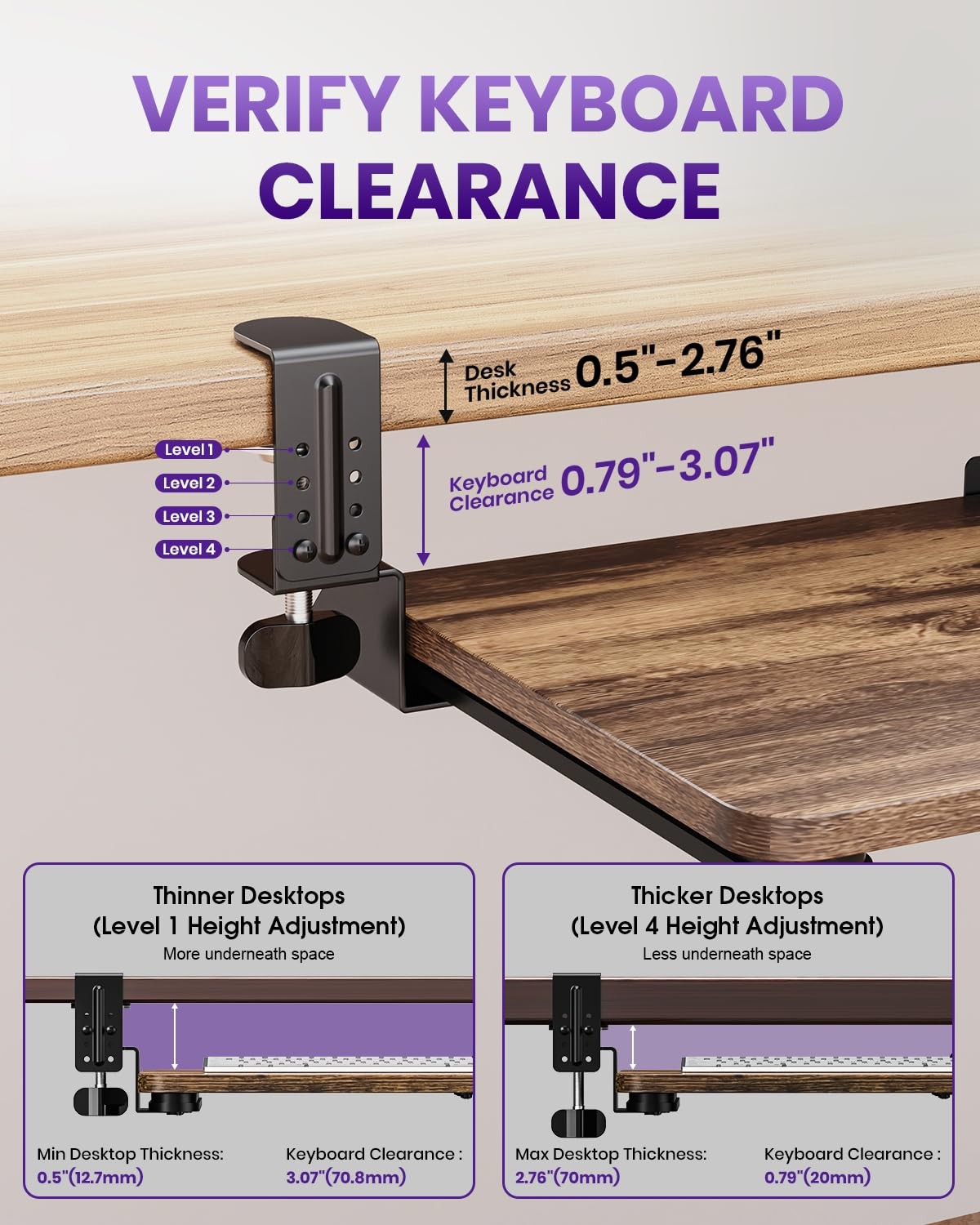 Ergonomic Under Desk Keyboard Tray Pull Out CClamp 20x11.8 Inch Rustic