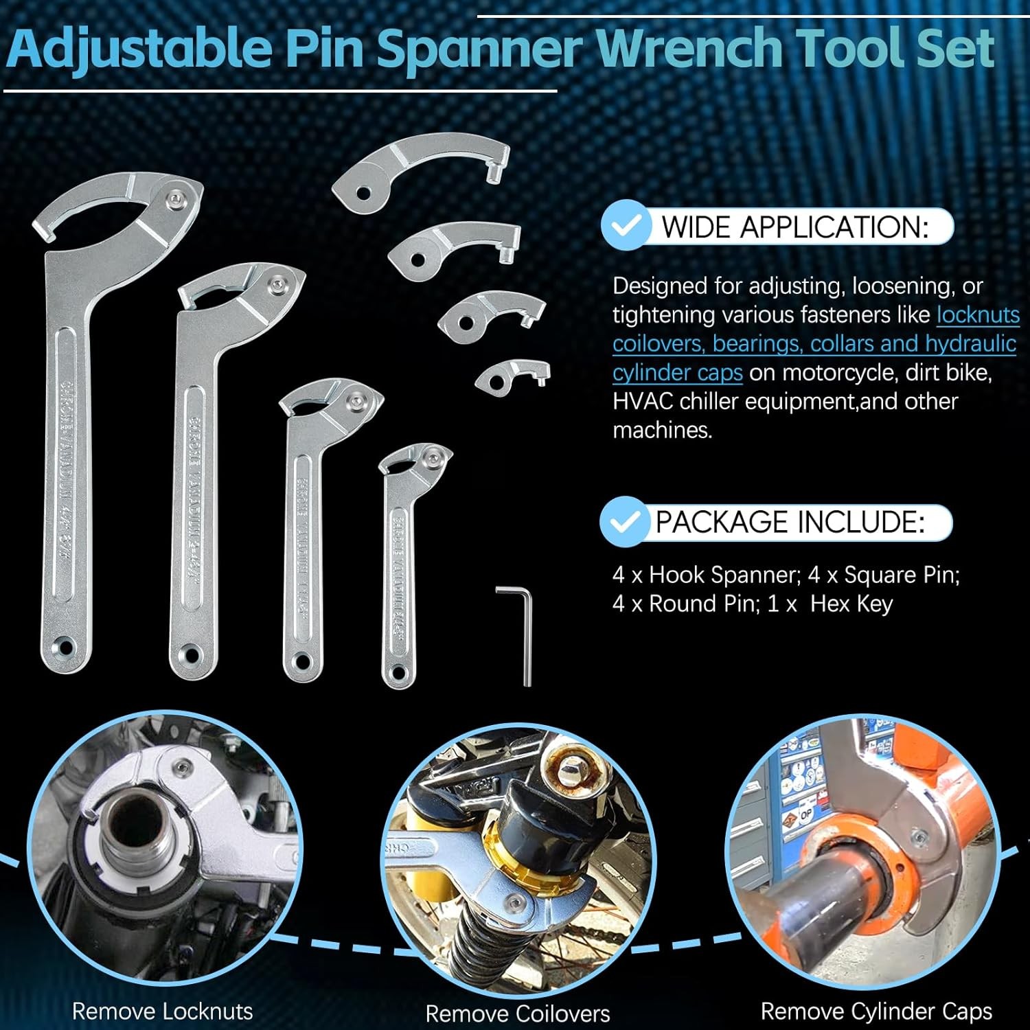 Pin Spanner Wrench Set –3/4" to 6-1/10 Range – Adjustable Wrenches Tools - 8PACK