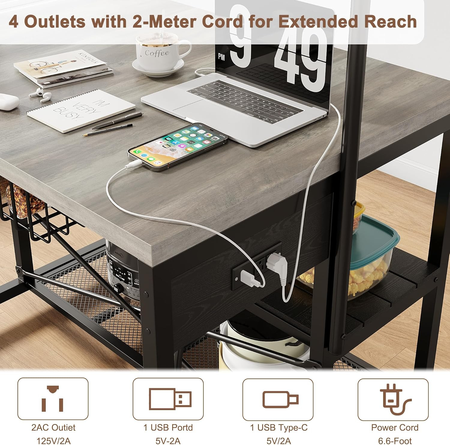 46" Large Kitchen Island Table Baker Rack with Power Outlet and 3-Tier Storage-M