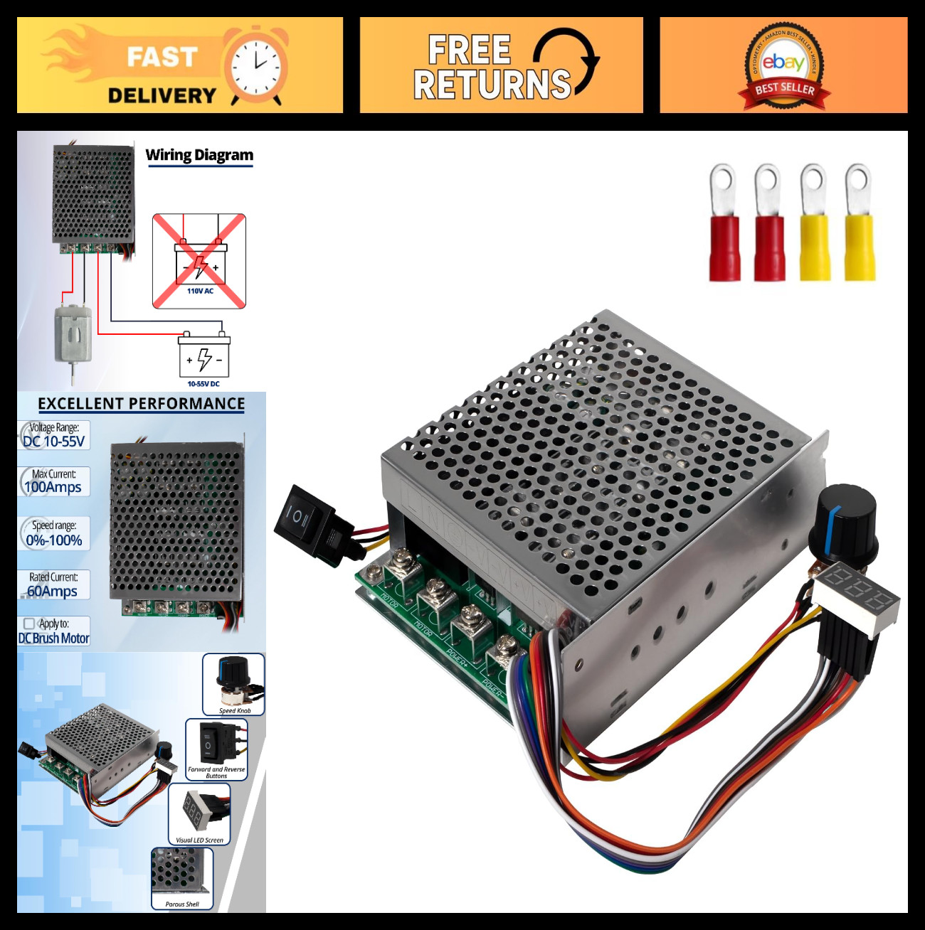 60A Adjustable PWM DC Motor Speed Controller - Digital Display, 10V-55V, Brushed