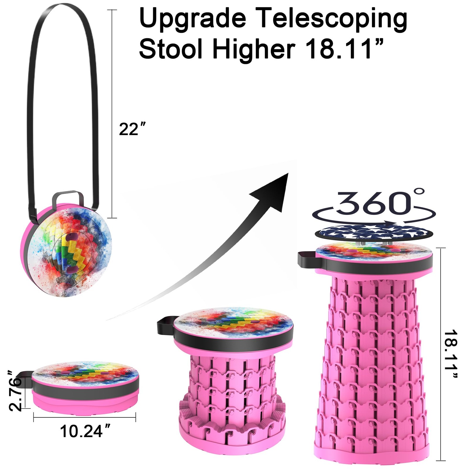 Upgraded Telescoping Collapsible Stool with Cushion, Folding Stool with Print...
