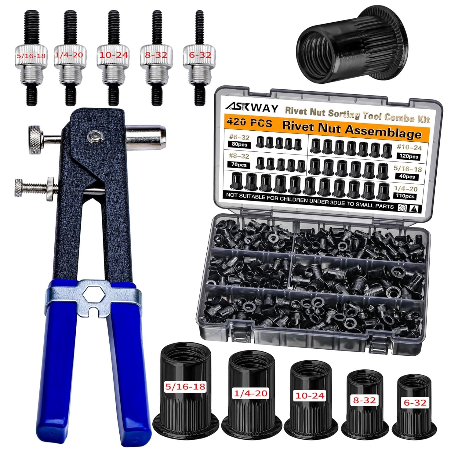 420Pcs SAE Carbon Steel Rivet Nut Tool Kit for Auto Marine Furniture