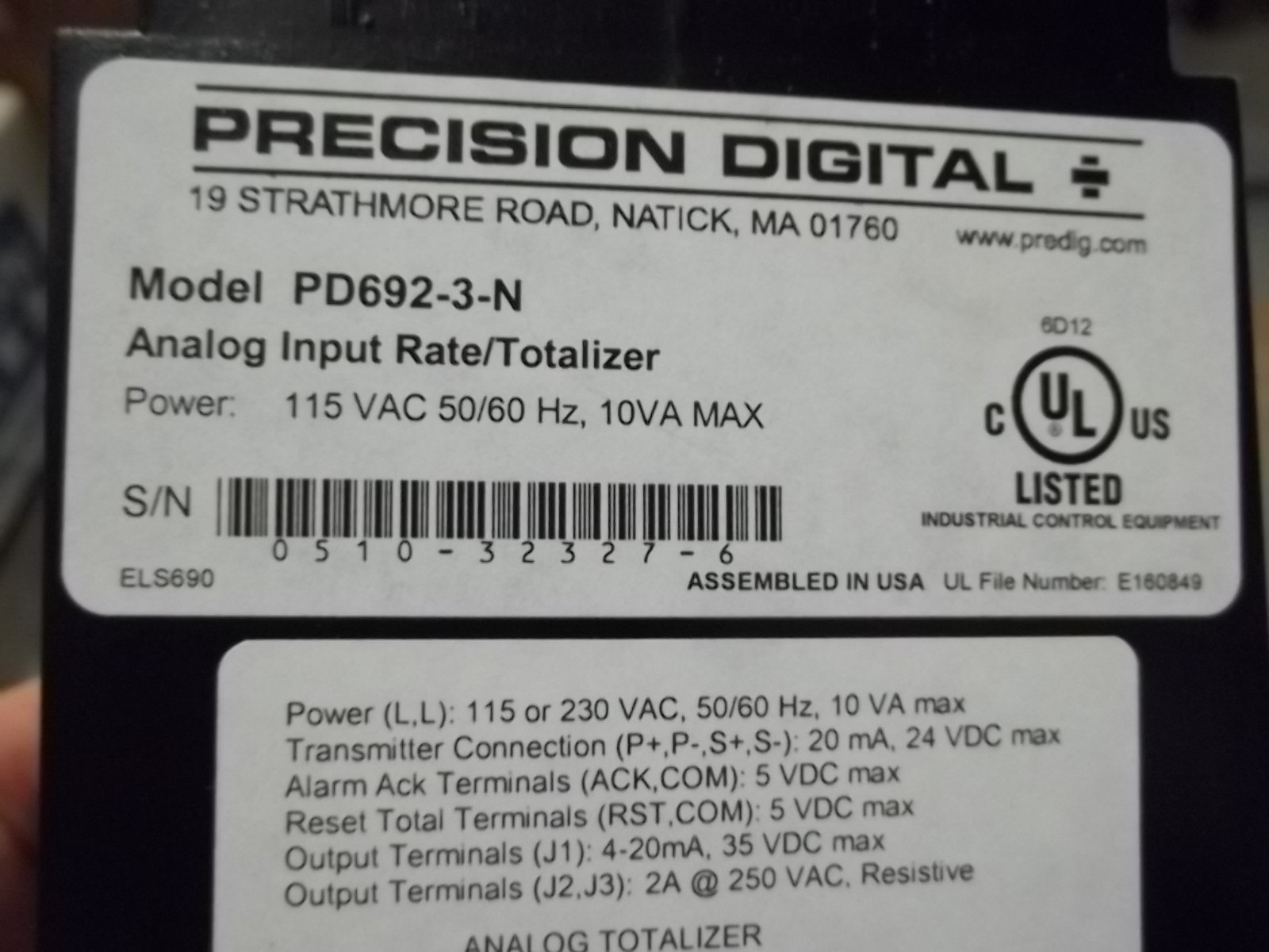 NIB PRECISION DIGITAL PD692-3-N ANALOG INPUT RATE TOTALIZER (RR2)