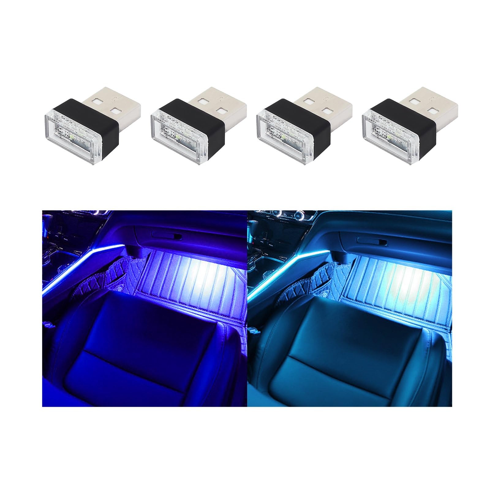 Augeny 4 PCS USB LED Car Interior Atmosphere Lamp, Plug-in Blue & Ice