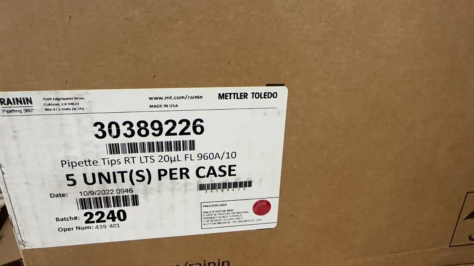 Mettler Toledo 30389226 Rainin 20uL Pipette Tips, Total 5 units per Case