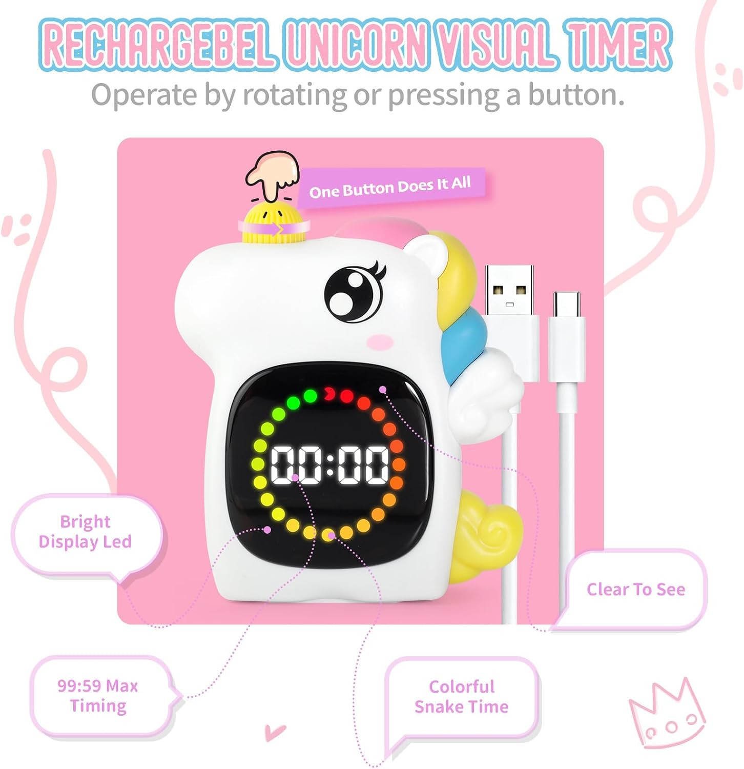 Unicorn Visual Timer for Kids, Rechargeable 99:59 Digital Countdown Potty Timer,