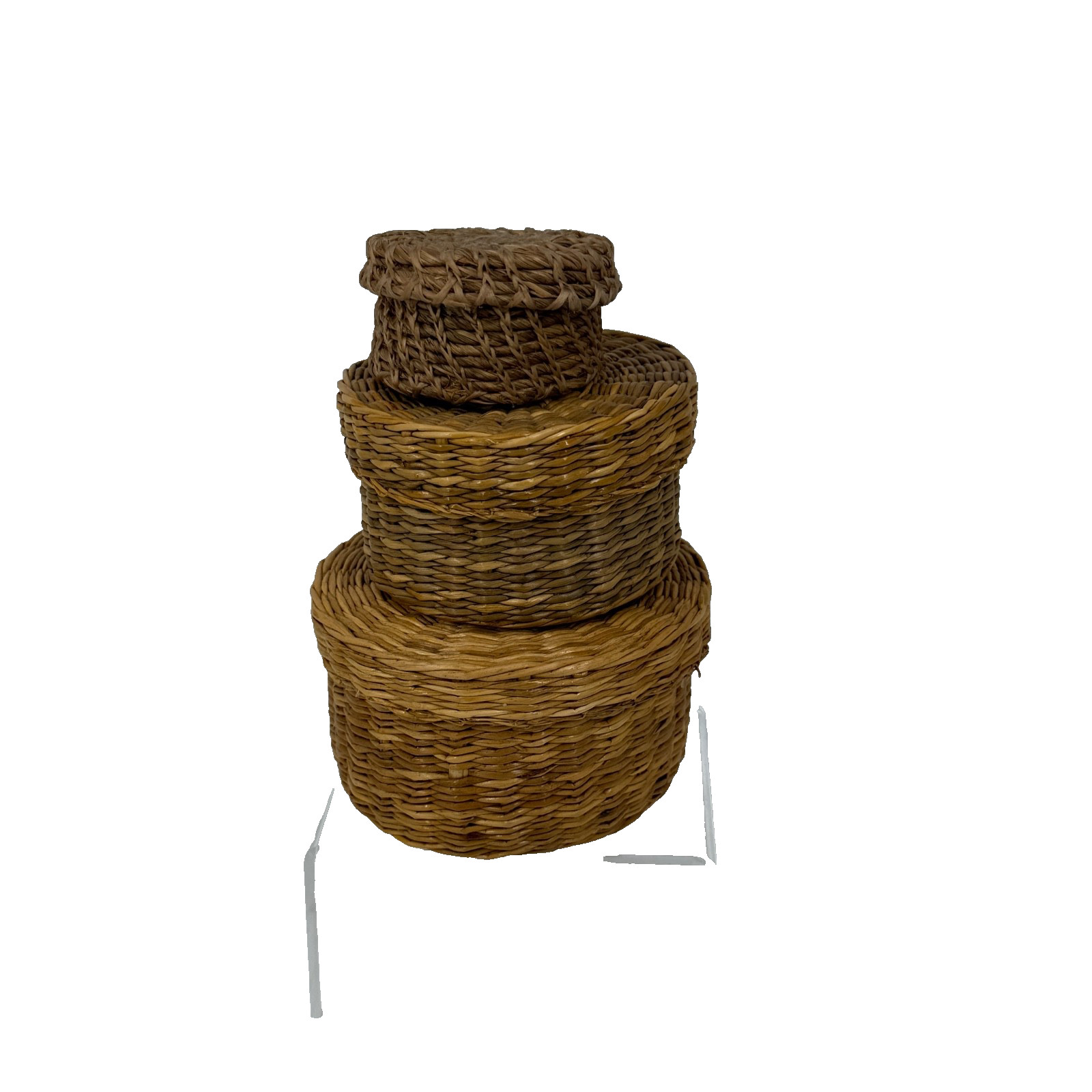 3 Miniature Native Hand Woven Grass Baskets With Lids 2.5" to 4" Tall