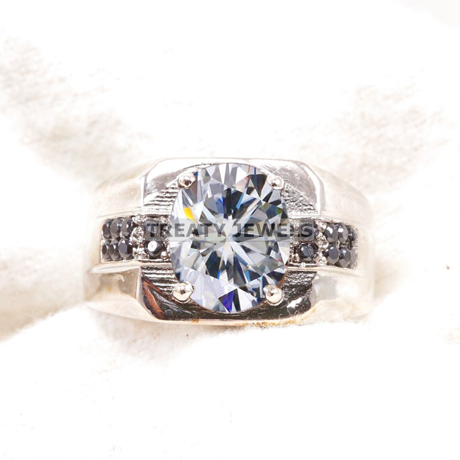 Moissanite Oval Cut Gemstone With 14K Solid White Gold Ring For Men's #B325