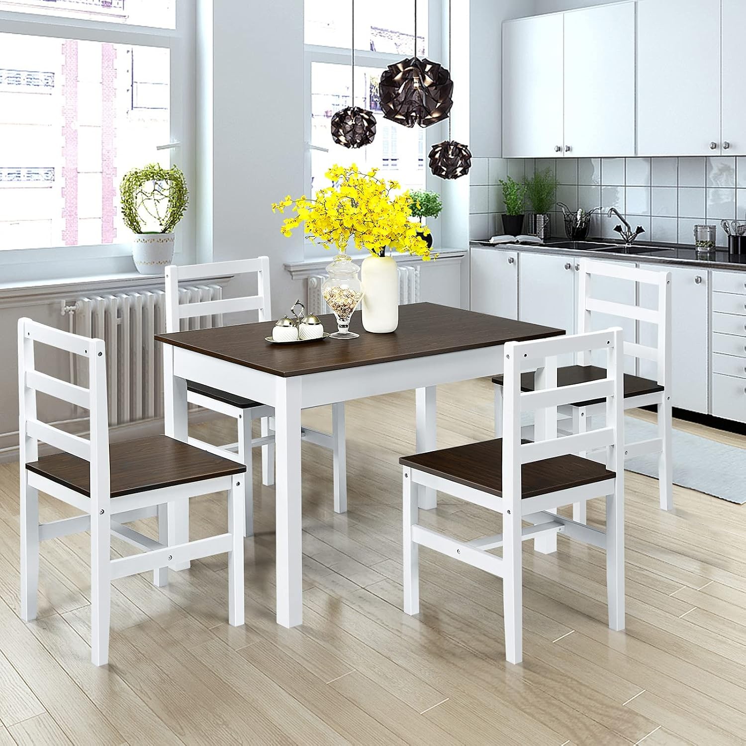 5-Piece Dining Set of 4 Solid Wood Rectangular Table & 4 Chairs Farmhouse