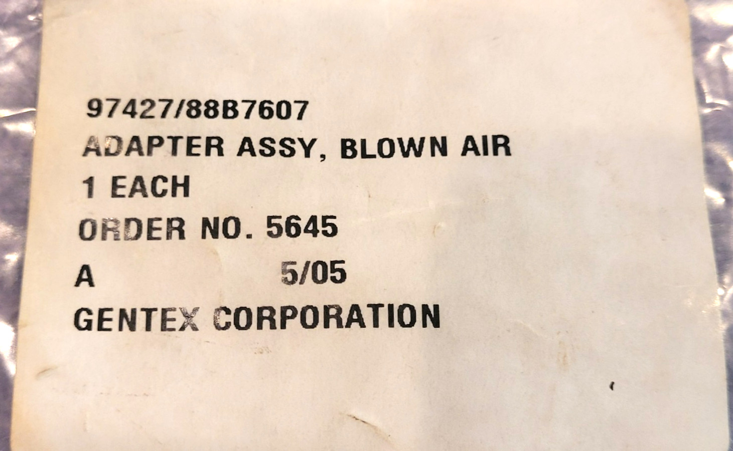 GENTEX BLOWN AIR ADAPTER ASSEMBLY 88B7607 DATED 2005