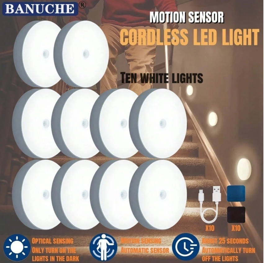 10pcs Smart Motion Sensor LED Night Light Cordless Wall Lamp Closet Stair Decor