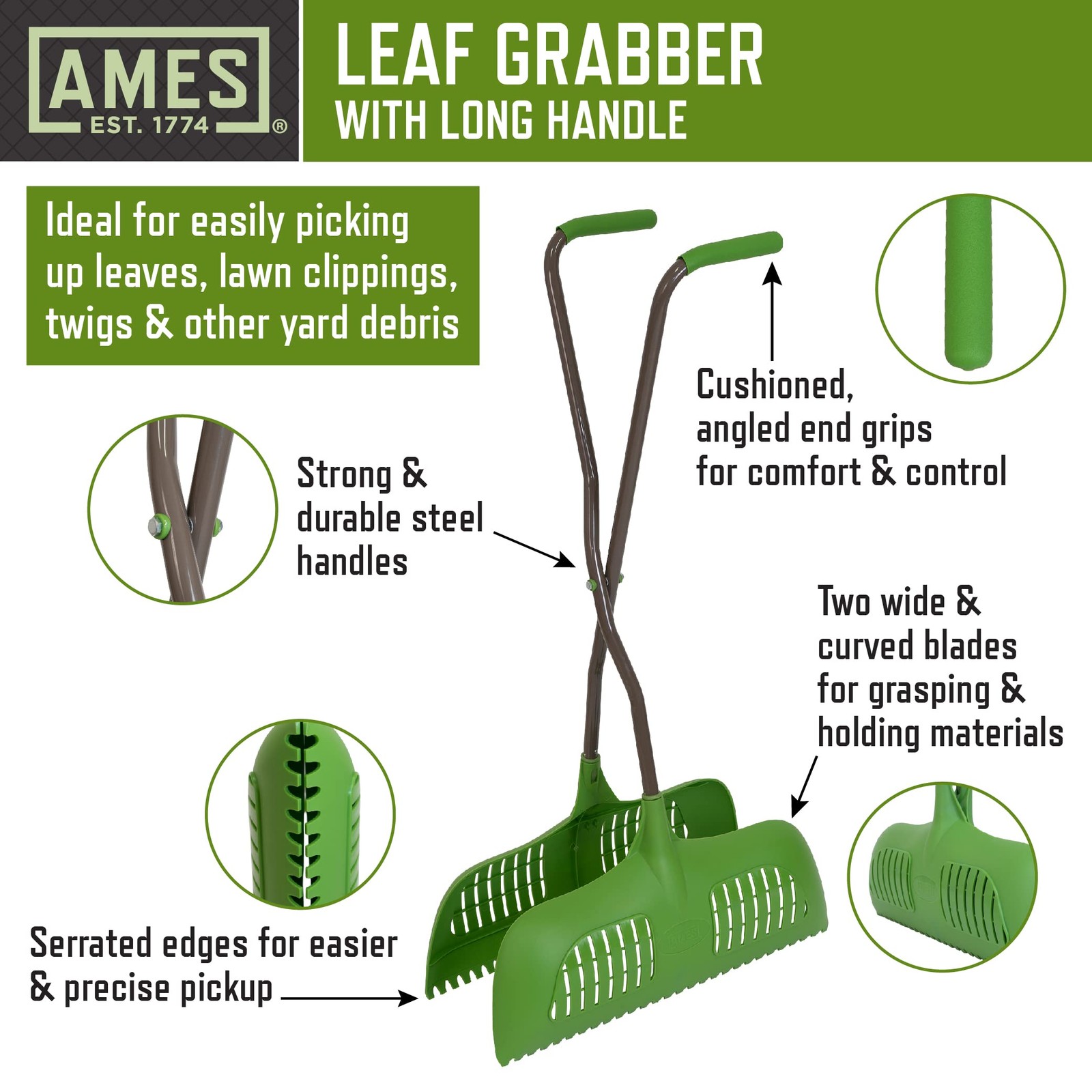 AMES Leaf Grabber Rake with Long Handle & Cushioned Grip for Leaves, Lawn Cli...