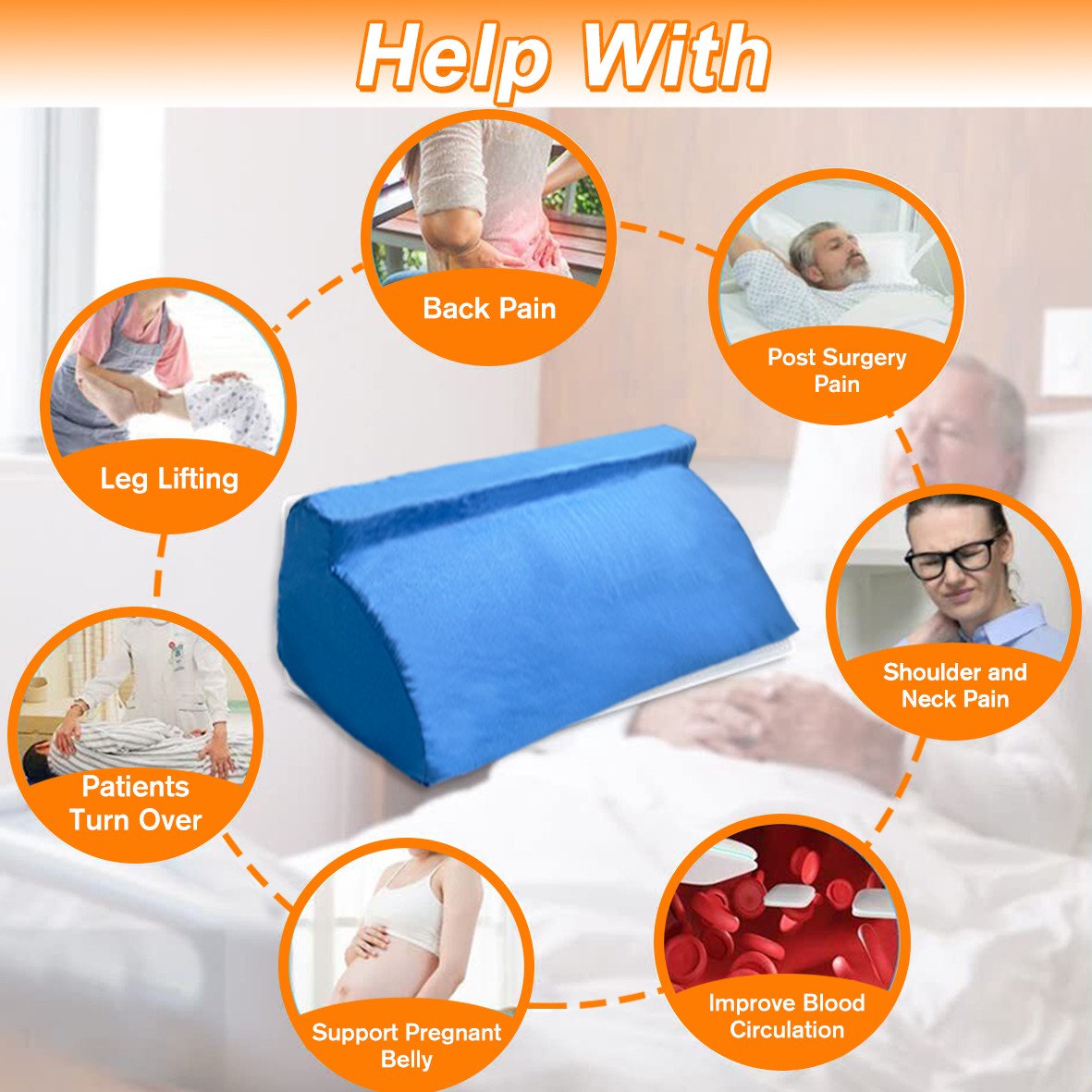 30° Incline Wedge Pillow Foam Bed For Side Sleeper Medical Elevated Bolster Blue