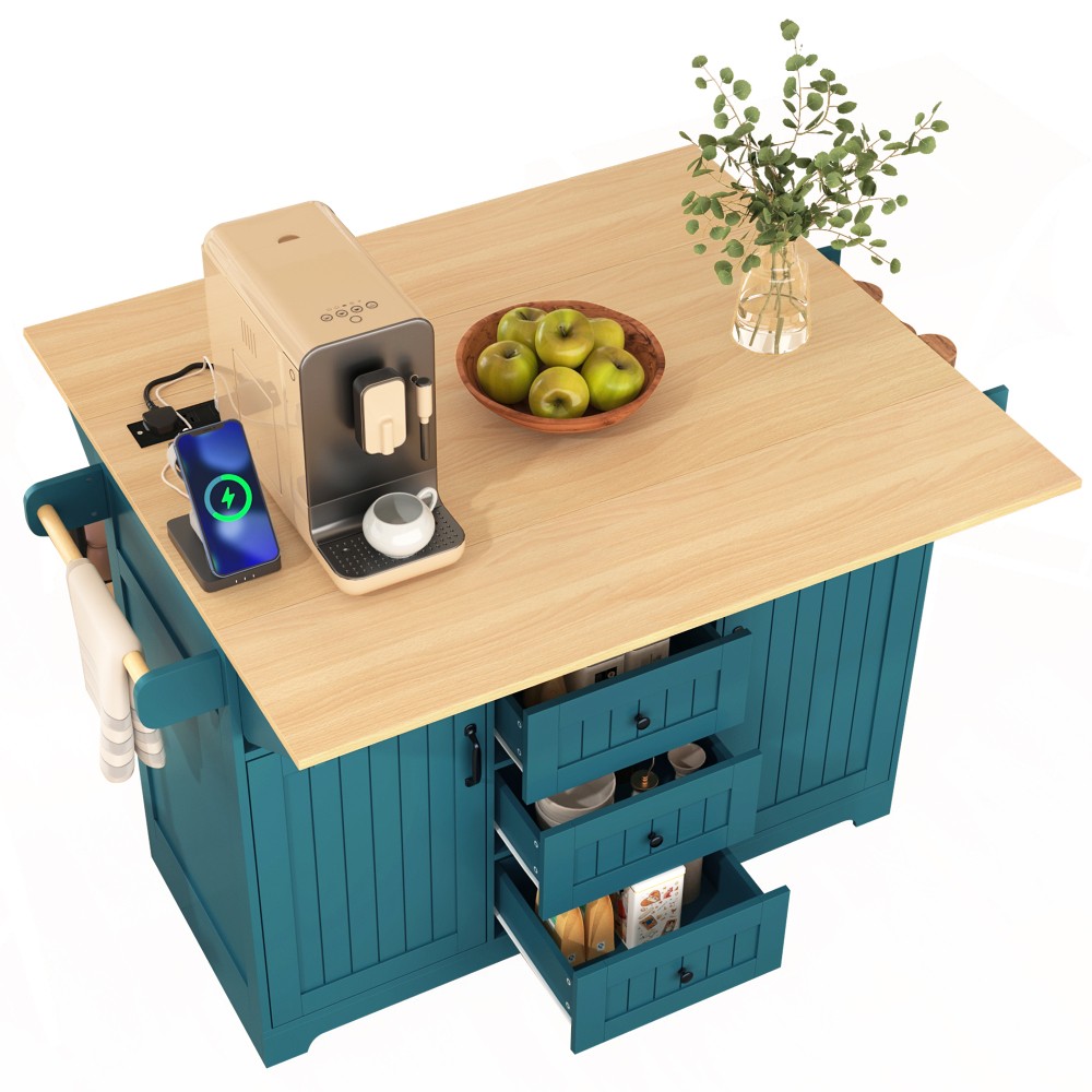 55.7'' Large Kitchen Island with 2 Drop Leaf,, Rolling Kitchen Cart on 5 Wheels