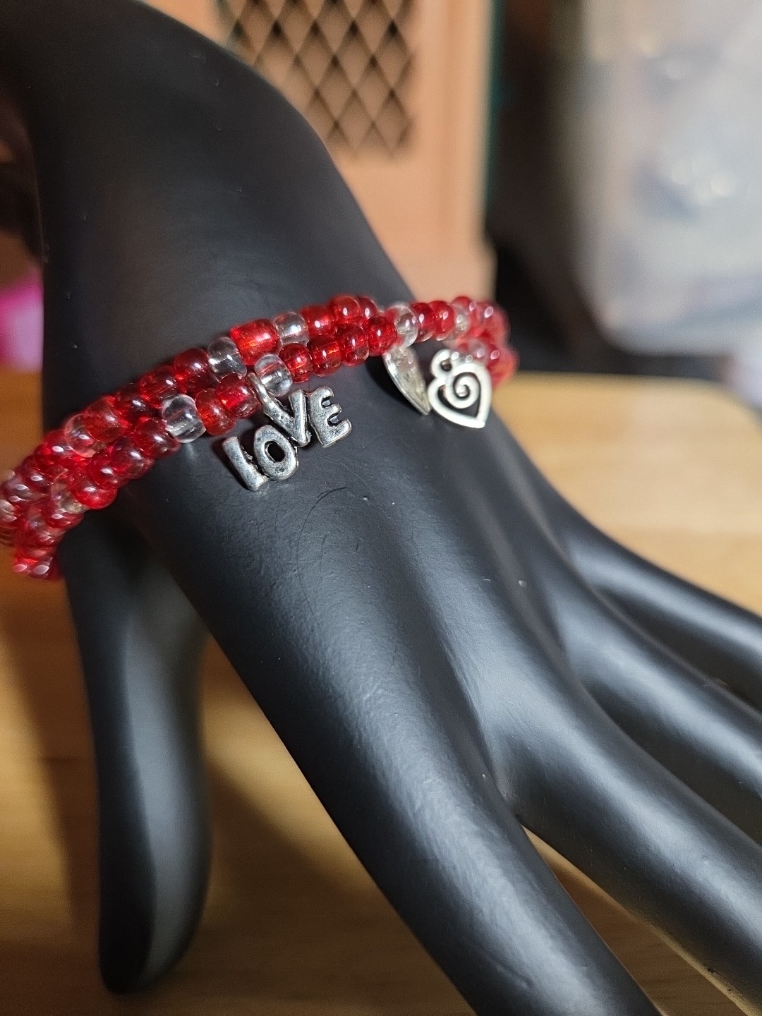 Memory Wire Bracelet w/ Red & Clear Beads. Love & heart charms Adjustable.  V115