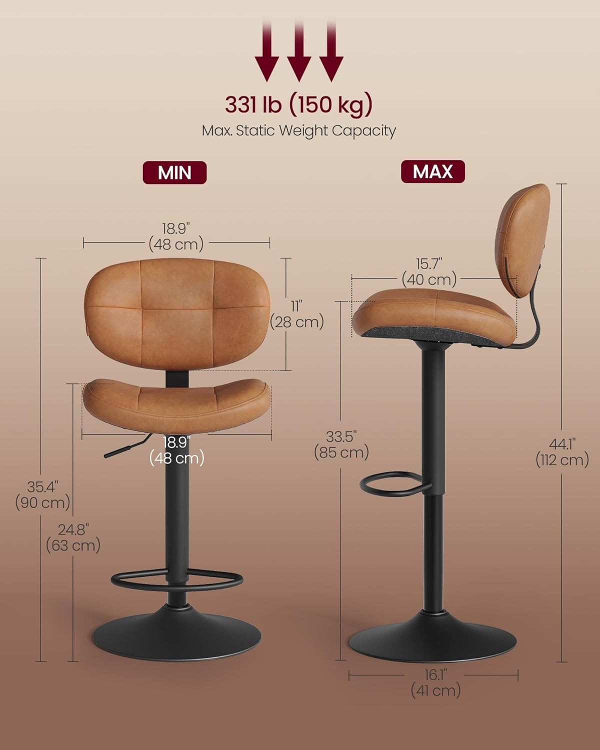 Bar Stools Set of 2 Height Adjustable Kitchen Barstools Swivel Bar Chairs W/