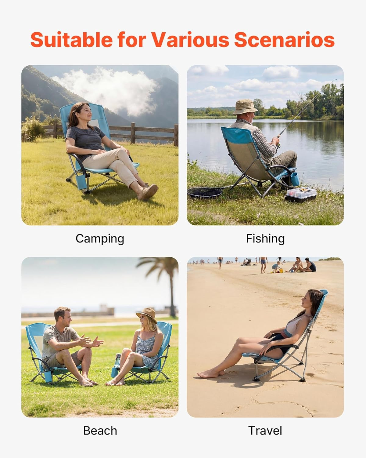 Folding Beach Chair, High Back Camping Chairs for Adults, with Cup Pocket, Mesh