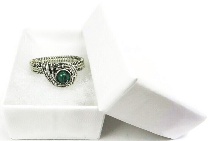 Malachite Adjustable Ring, Woven in Sterling Silver Wire