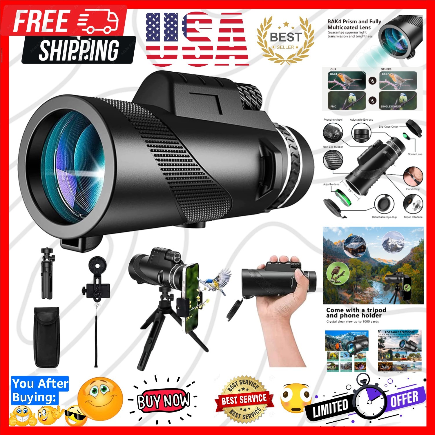 Monocular-Telescope 80x100 High Powered Monoculars High Definition for Adults...