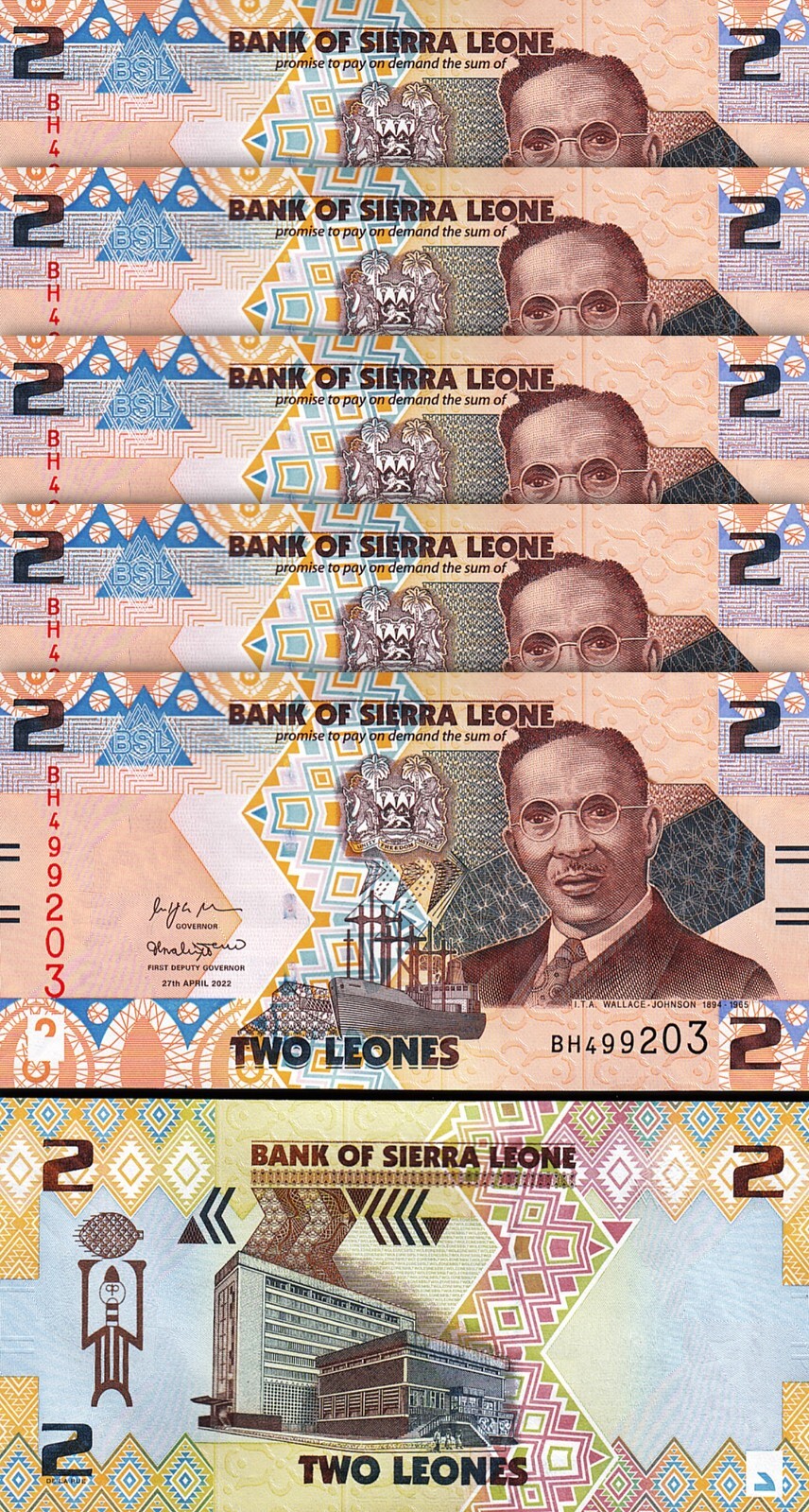 Sierra Leone 2 Leones 2022, UNC, 5 Pcs LOT, Consecutive, P-New Design