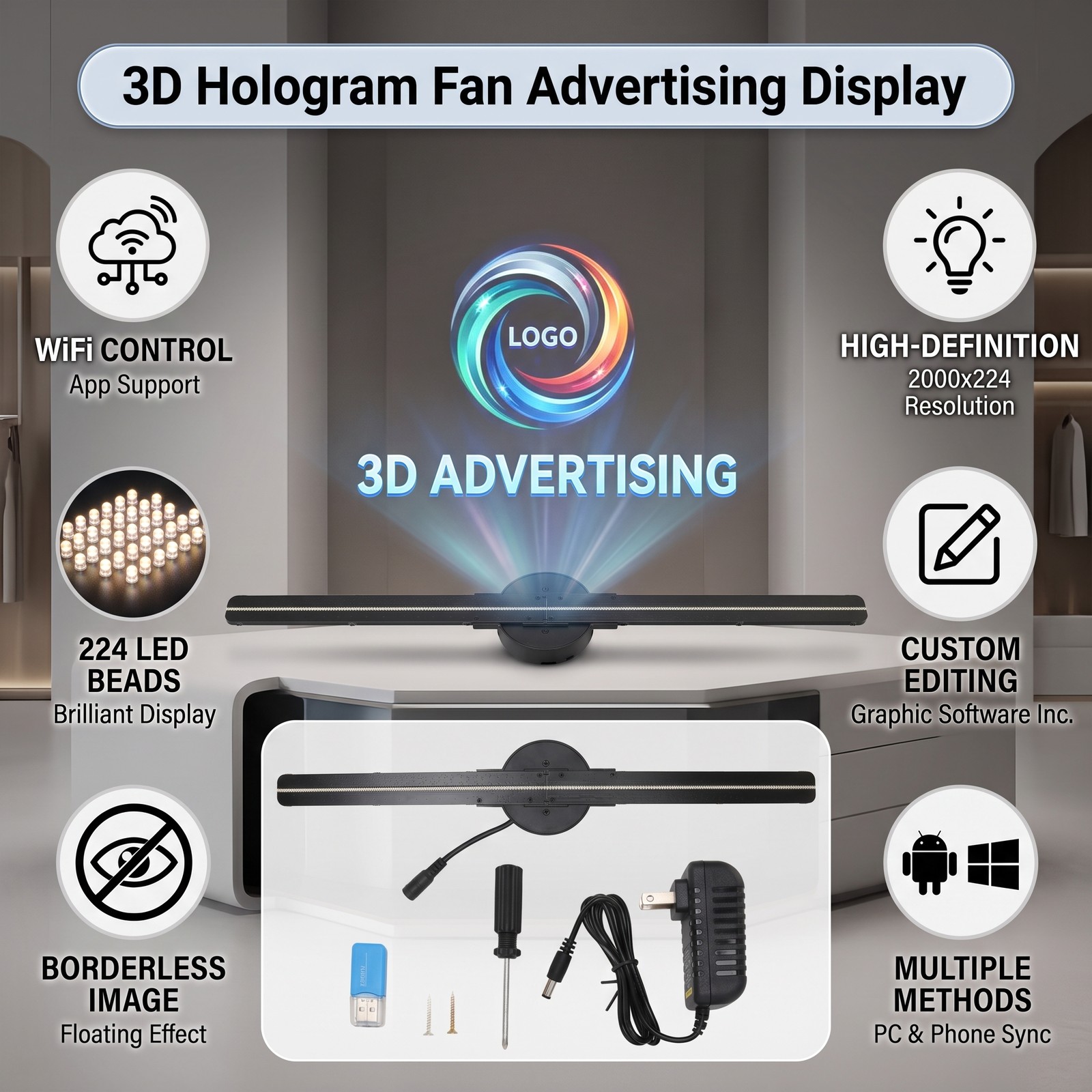 3D Hologram Fan HD LED Hologram Display Support Custom Image Text For Store