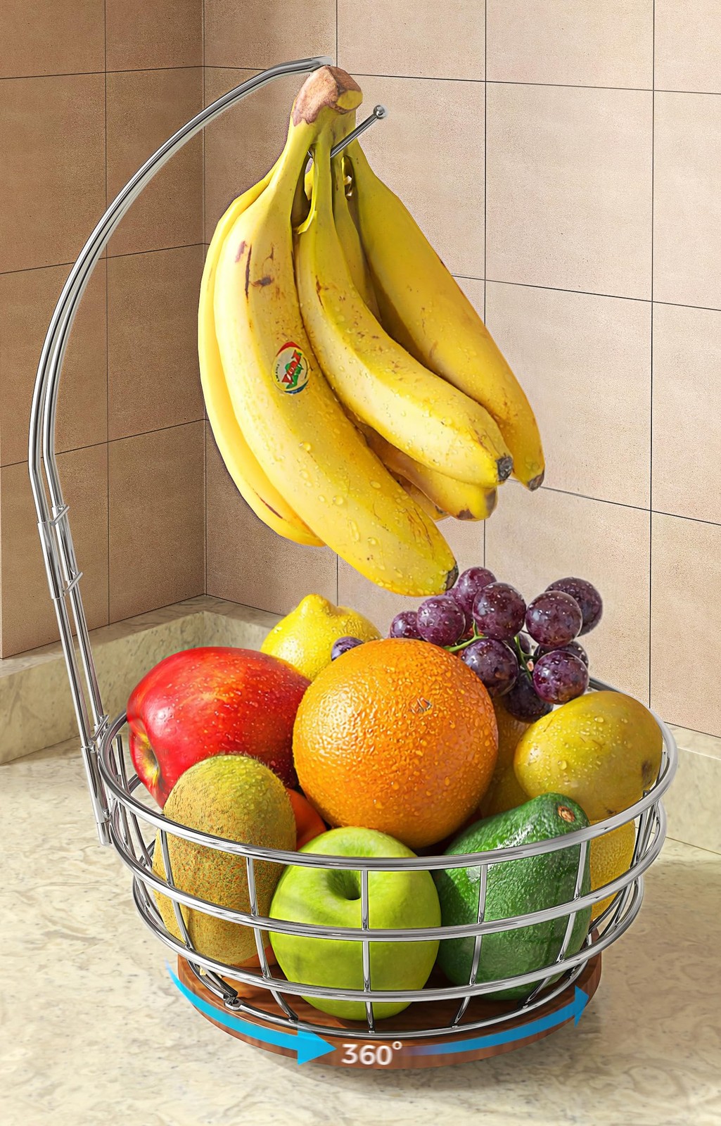 360°Rotating Fruit Basket for Kitchen Counter with Upgraded Banana Hanger, 20...