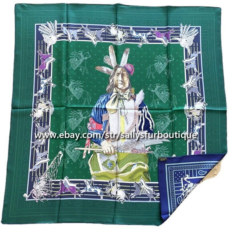 Sallys 18 Momme Twill Silk Wrap Scarf Indians Print Double Face Kerchief 35"