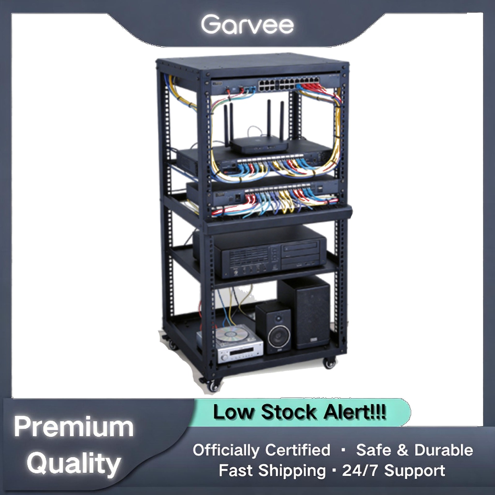 Open Frame Server Rack 12U/15U/20U with Casters Wall/Floor 2 Shelves for IT AV