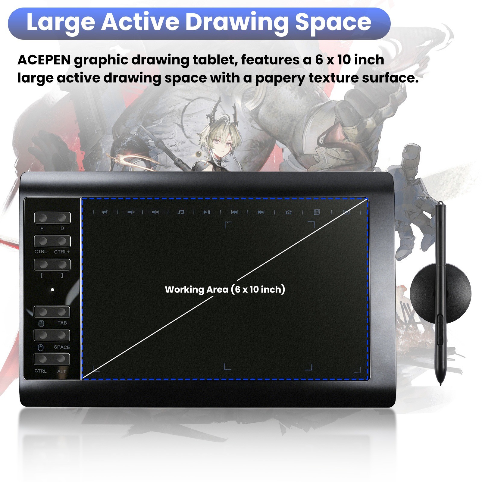 Digital Drawing Tablet with 10×6 Inch Large Active Area Screen, Graphics tablet,