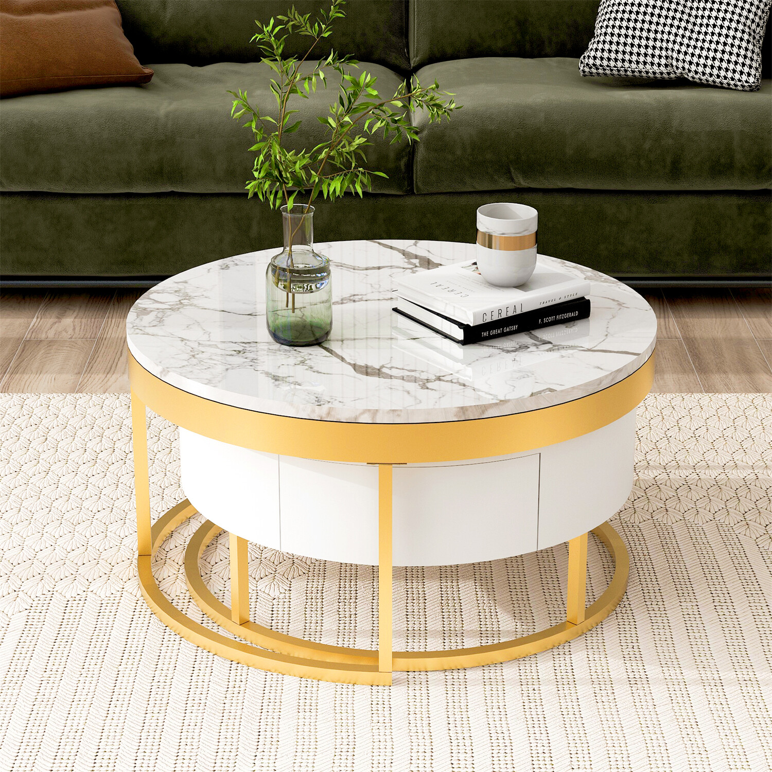 Modern Round Nesting Coffee Table Center Cocktail Table End Table w/ 2 Drawer