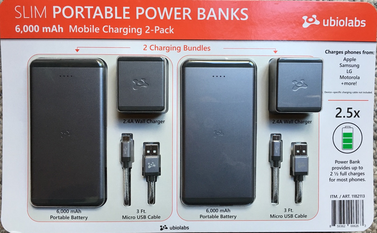 2 Ubio Labs 6000 mAh Slim Power Banks – Rapid Charge USB for Android & iPhone